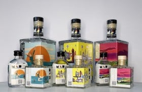 Modern Art Distillery's London Dry Gin (40% ABV) with three artworks on the bottle labels on the series theme of 'Sea, City & Land' image